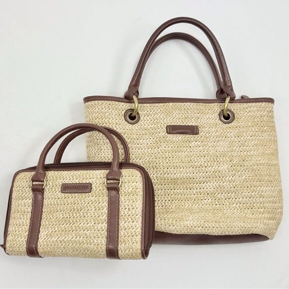 Connections Cream Woven Brown Faux Leather Two Piece Coastal Wallet Handbag Set - Picture 1 of 16